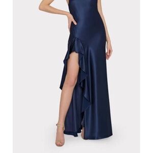 MILLY NAVY SATIN HALTER GOWN-SIZE 8